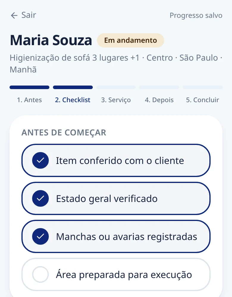 Checklist da execução do serviço no EstofaControl