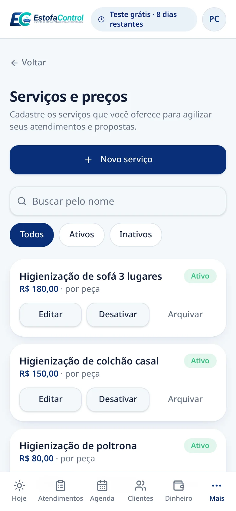 Tela de Serviços e preços do EstofaControl
