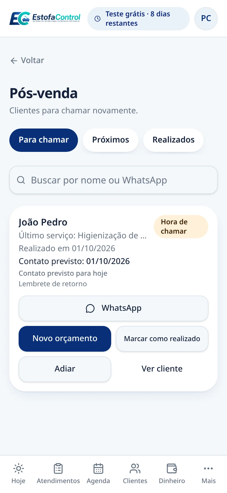 Tela de Pós-venda do EstofaControl com cliente na hora de chamar novamente