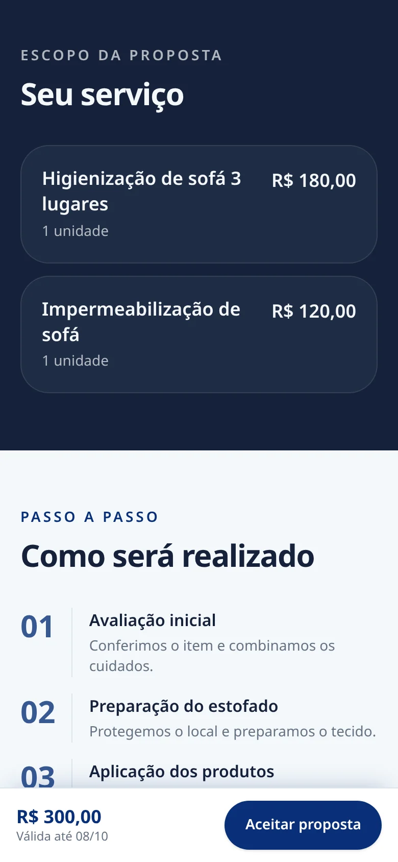 Serviços, valores e botão de aceite da proposta digital do EstofaControl